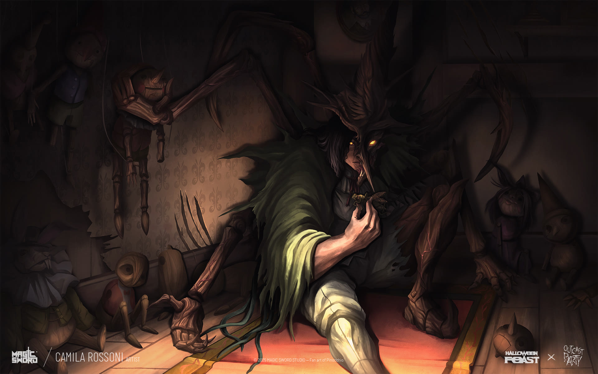 Pinocchio from the Carlo Collodi story, fan art trading card illustrated by Camila Rossoni for Halloween Feast 2025: Outcast Party by Magic Sword Studio